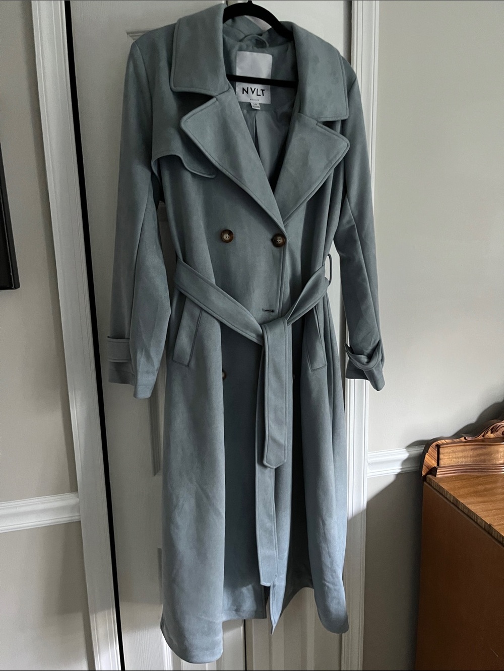NVLT Light Blue Double-Breasted Trench Coat with Self-Tie Belt